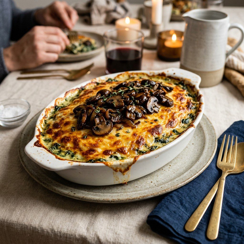 Stunning plated serving of Spinach Au Gratin with Sautéed Mushrooms, a chef-tested recipe by Chef Jorj Morgan.