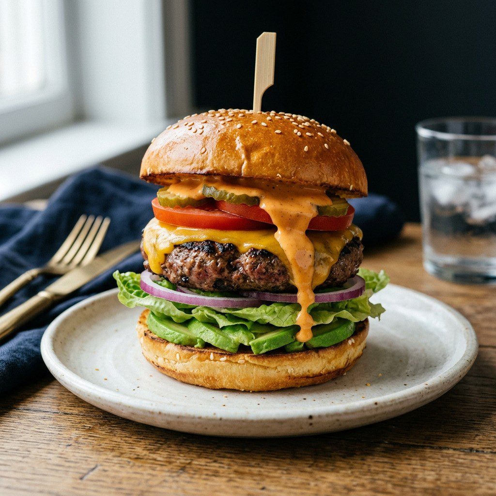 Stunning plated serving of Beef Brisket Burgers, a chef-tested recipe by Chef Jorj Morgan.