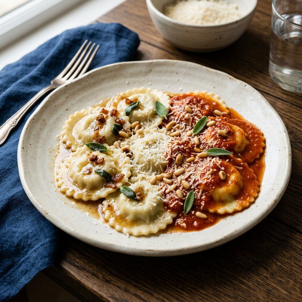 Stunning plated serving of Homemade Chicken Ravioli Two Ways, a chef-tested recipe by Chef Jorj Morgan.
