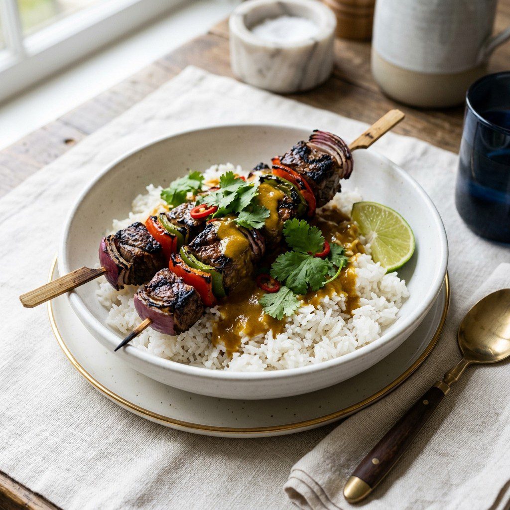 Stunning plated serving of Steak Kabobs with Coconut Rice & Curry, a chef-tested recipe by Chef Jorj Morgan.