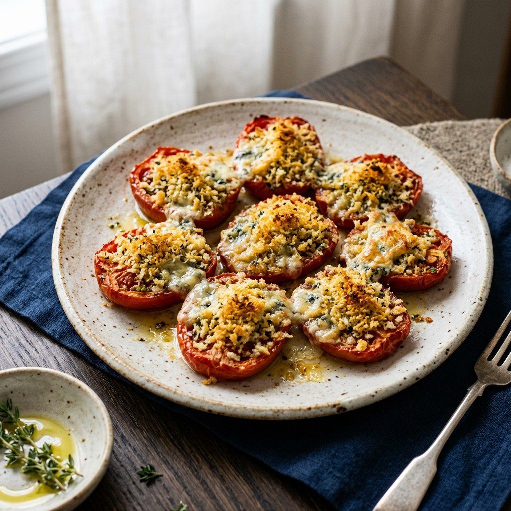 Stunning plated serving of Gorgonzola Stuffed Plum Tomatoes, a chef-tested recipe by Chef Jorj Morgan.