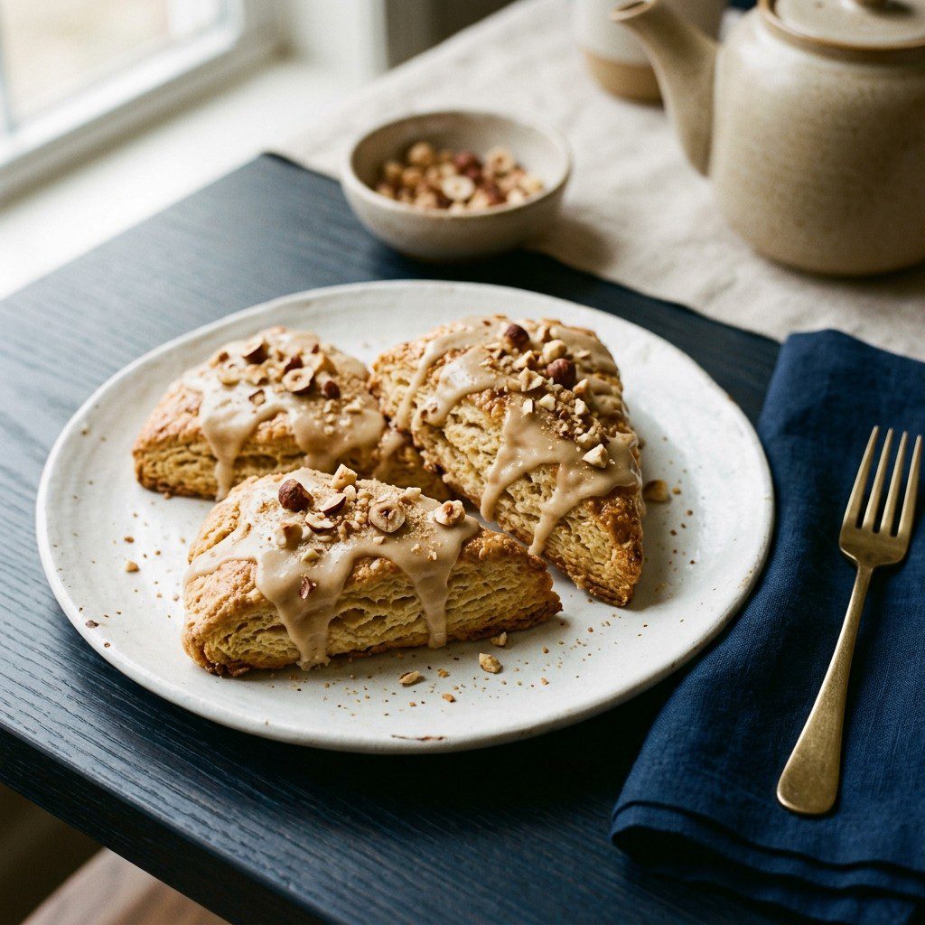 Stunning plated serving of Maple Hazelnut Scones, a chef-tested recipe by Chef Jorj Morgan.
