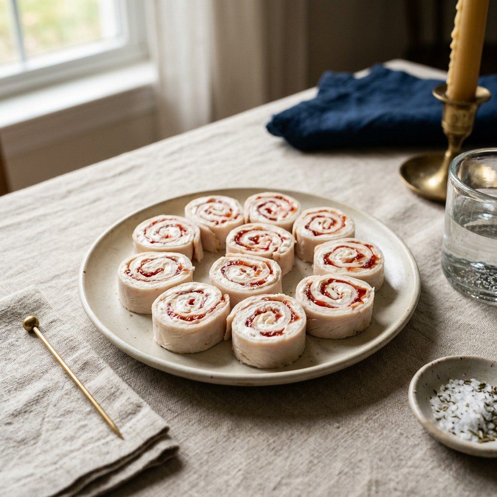 Stunning plated serving of Goat Cheese & Turkey Roll Ups, a chef-tested recipe by Chef Jorj Morgan.