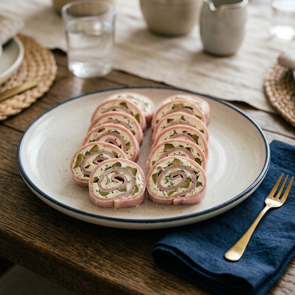 Stunning plated serving of Cream Cheese & Dill Pickle Ham Roll Ups, a chef-tested recipe by Chef Jorj Morgan.