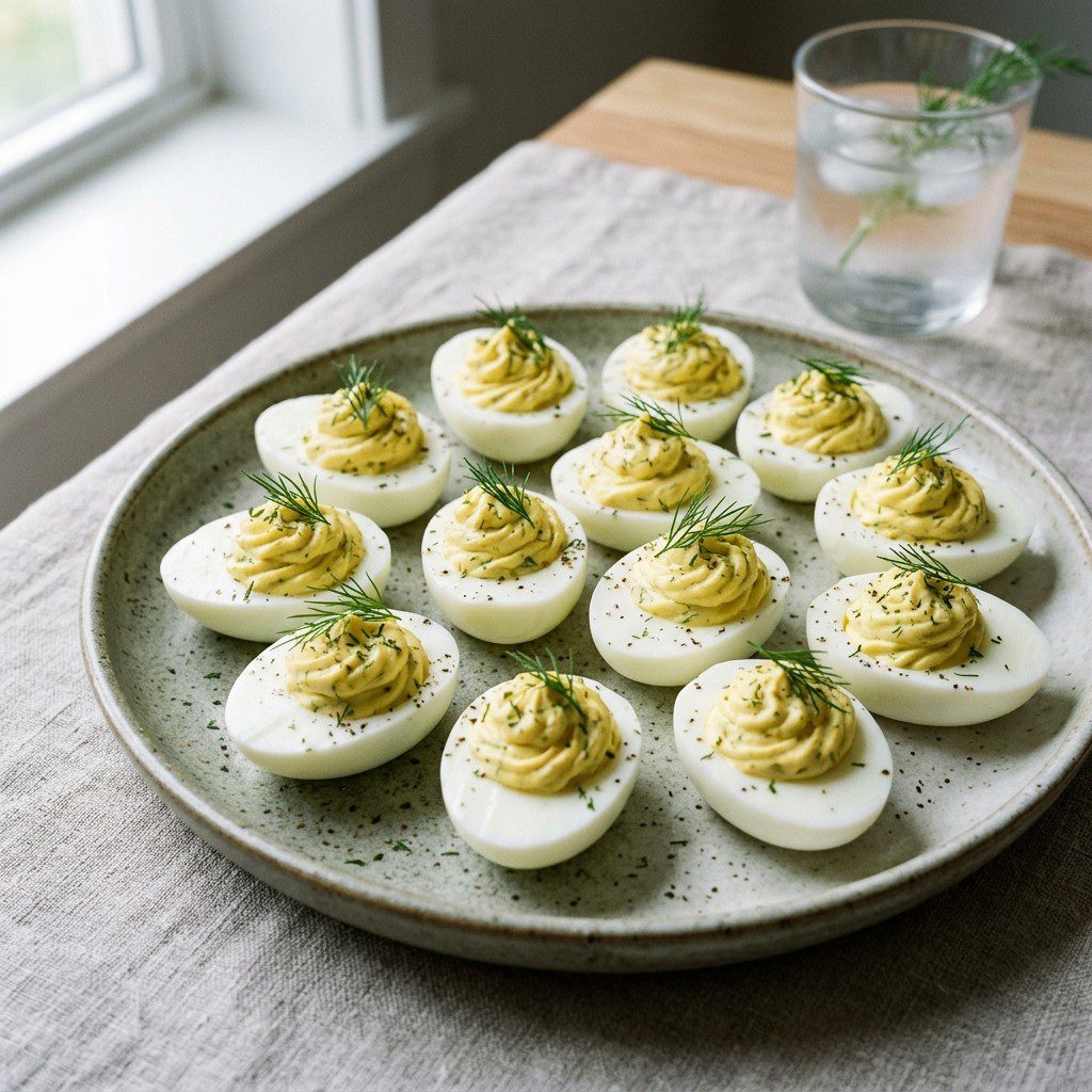Stunning plated serving of Dijon and Fresh Dill Deviled Eggs, a chef-tested recipe by Chef Jorj Morgan.