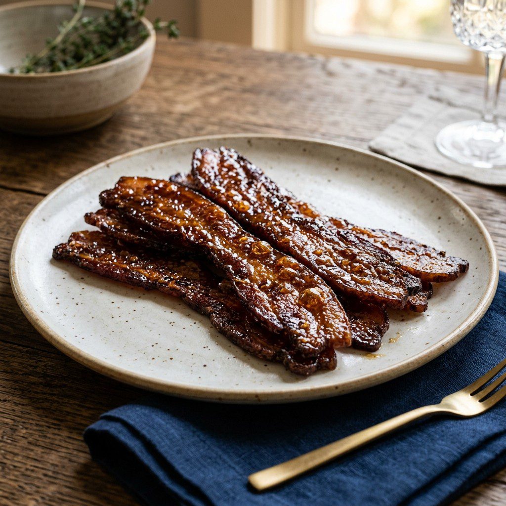 Stunning plated serving of Caramelized Brown Sugar Candied Bacon, a chef-tested recipe by Chef Jorj Morgan.