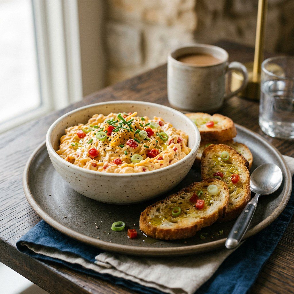 Stunning plated serving of Classic Southern Pimento Cheese Spread, a chef-tested recipe by Chef Jorj Morgan.