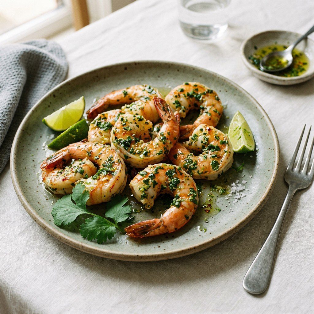 Stunning plated serving of Cilantro Lime Shrimp, a chef-tested recipe by Chef Jorj Morgan.