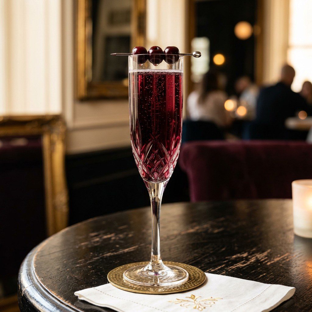 Stunning plated serving of Champagne Cosmo Cocktail, a chef-tested recipe by Chef Jorj Morgan.