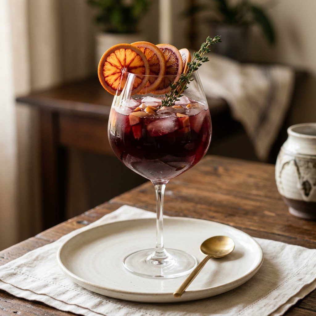 Stunning plated serving of Signature Red Wine Sangria, a chef-tested recipe by Chef Jorj Morgan.