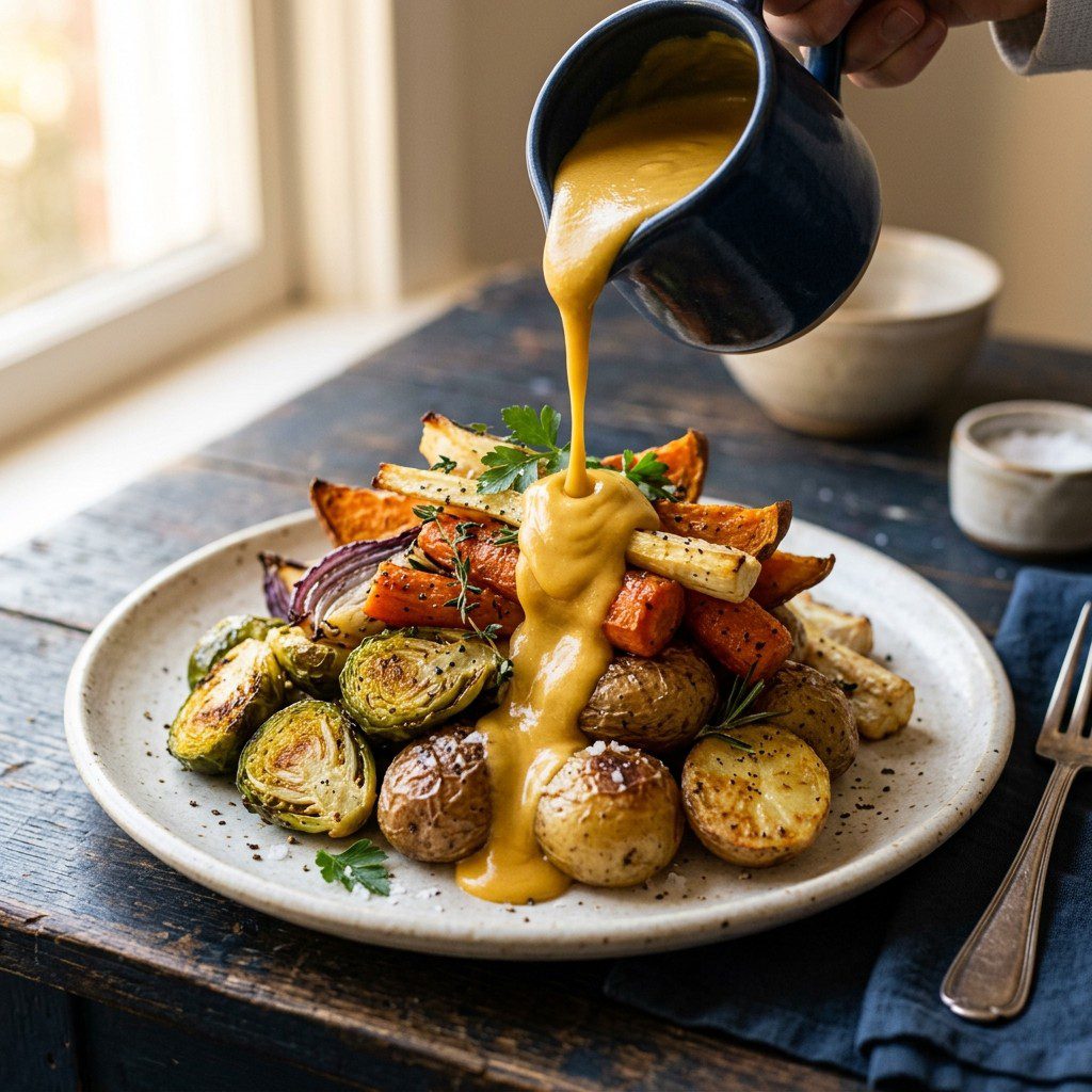 Stunning plated serving of Homemade Cheddar Cheese Sauce, a chef-tested recipe by Chef Jorj Morgan.
