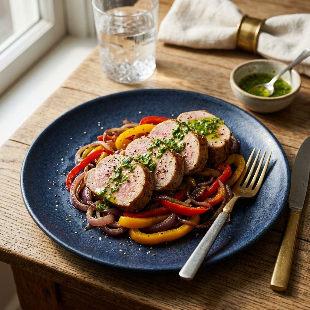 Stunning plated serving of Roasted Pork Tenderloin with Cilantro Vinaigrette, a chef-tested recipe by Chef Jorj Morgan.