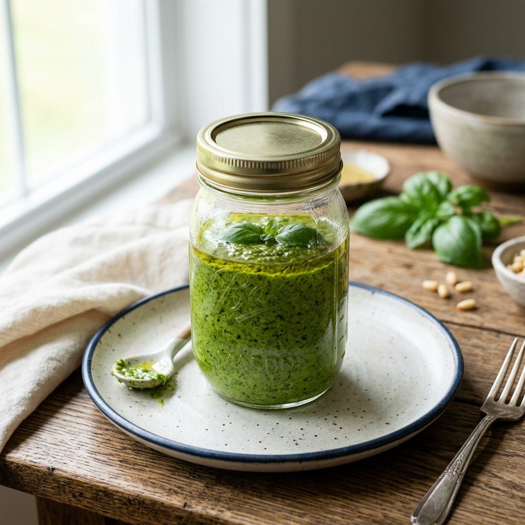 Stunning plated serving of Garlic Scape Pesto with Basil and Pine Nuts, a chef-tested recipe by Chef Jorj Morgan.
