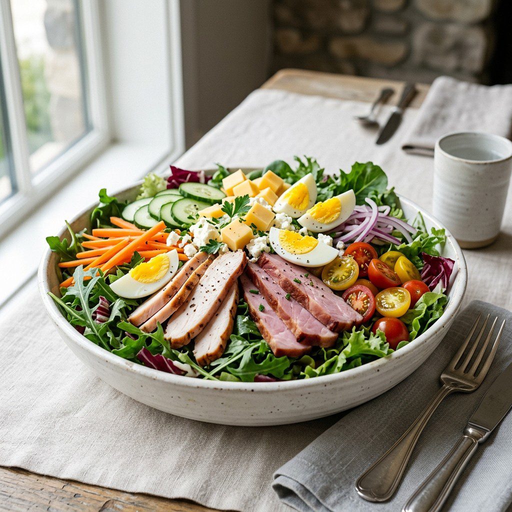Stunning plated serving of Garden Harvest Chef’s Salad, a chef-tested recipe by Chef Jorj Morgan.