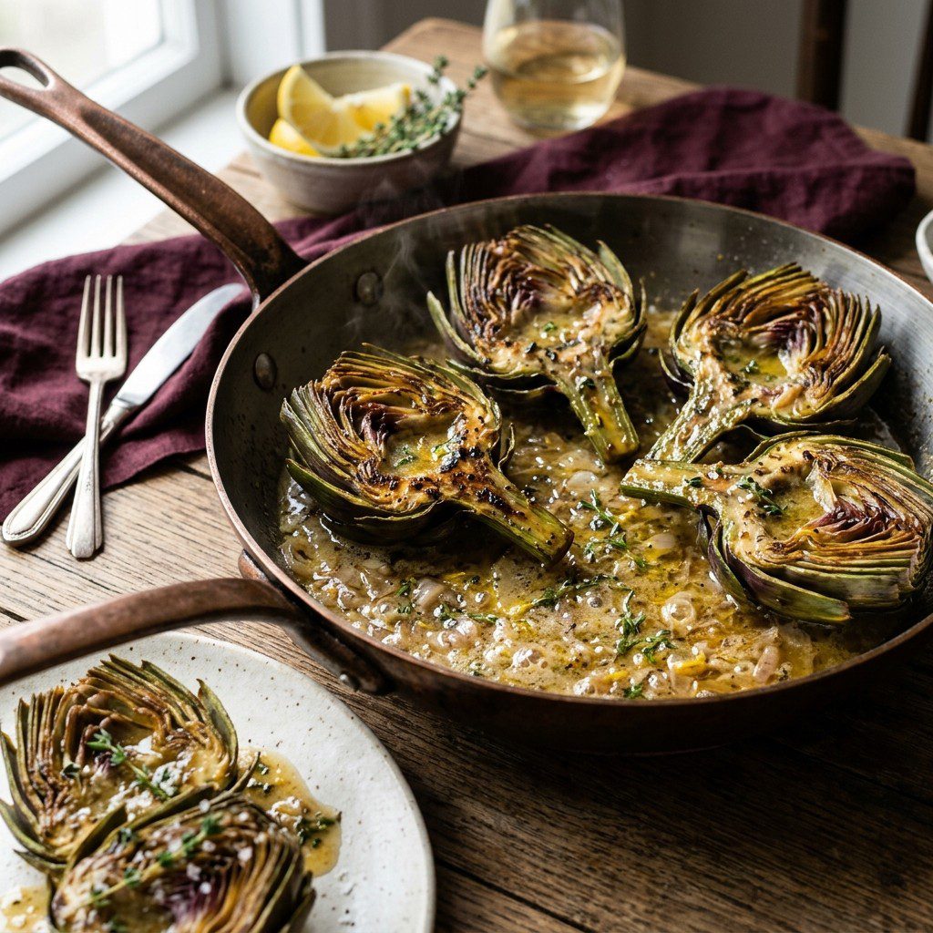 Stunning plated serving of Artichokes in White Wine Sauce, a chef-tested recipe by Chef Jorj Morgan.
