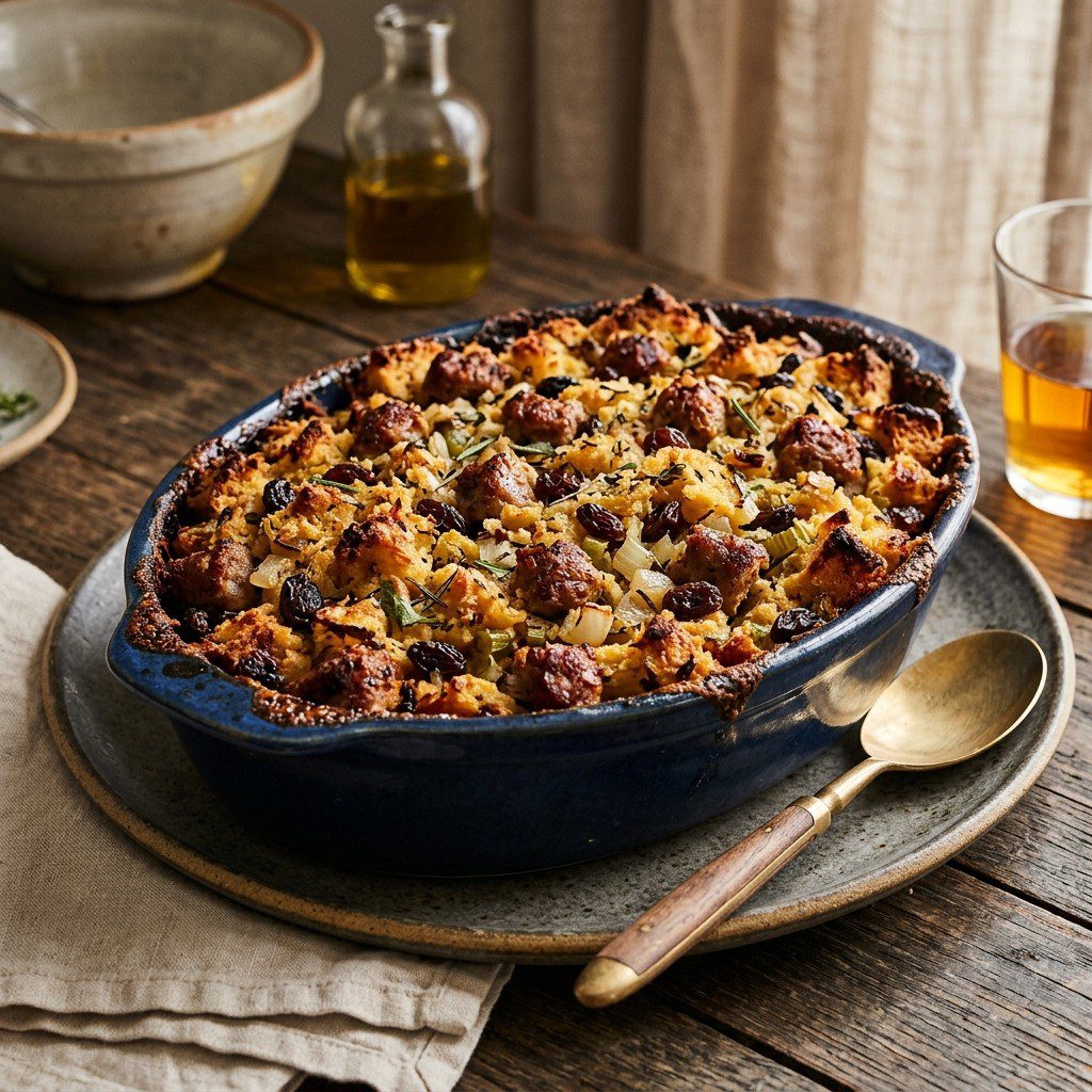 Stunning plated serving of Sausage & Raisin Cornbread Stuffing, a chef-tested recipe by Chef Jorj Morgan.