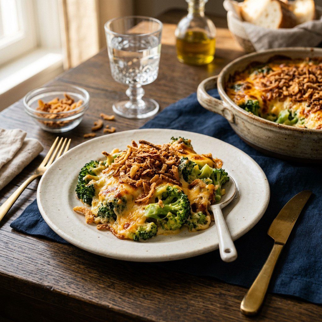 Stunning plated serving of Baked Broccoli Cheese Casserole, a chef-tested recipe by Chef Jorj Morgan.