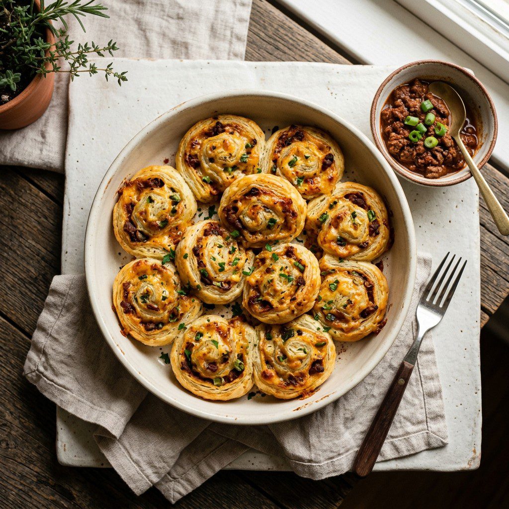 Stunning plated serving of Chili Cheese Puff Pastry Pinwheels, a chef-tested recipe by Chef Jorj Morgan.