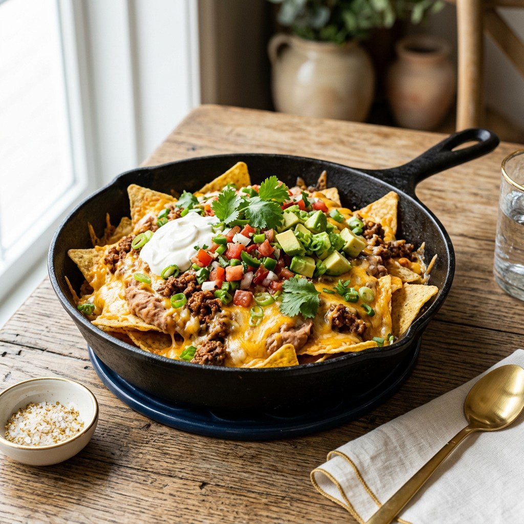Stunning plated serving of Cast Iron Skillet Nachos, a chef-tested recipe by Chef Jorj Morgan.
