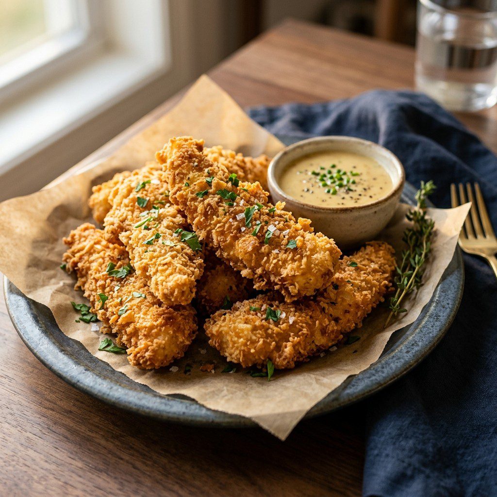 Stunning plated serving of Parmesan Panko Chicken Fingers, a chef-tested recipe by Chef Jorj Morgan.