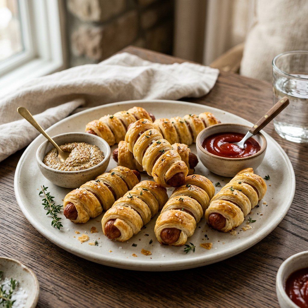 Stunning plated serving of Upscale Puff Pastry Franks, a chef-tested recipe by Chef Jorj Morgan.