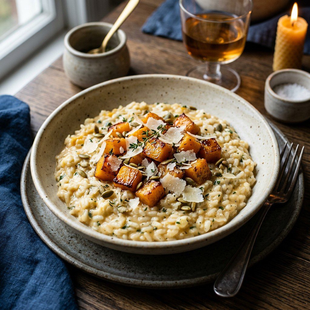 Stunning plated serving of Roasted Butternut & Cauliflower Risotto, a chef-tested recipe by Chef Jorj Morgan.