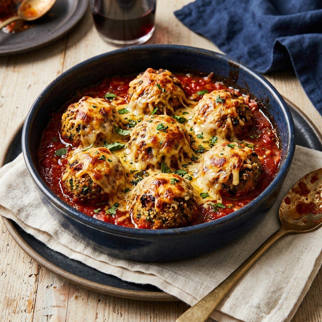 Stunning plated serving of Muenster-Baked Eggplant Meatballs, a chef-tested recipe by Chef Jorj Morgan.