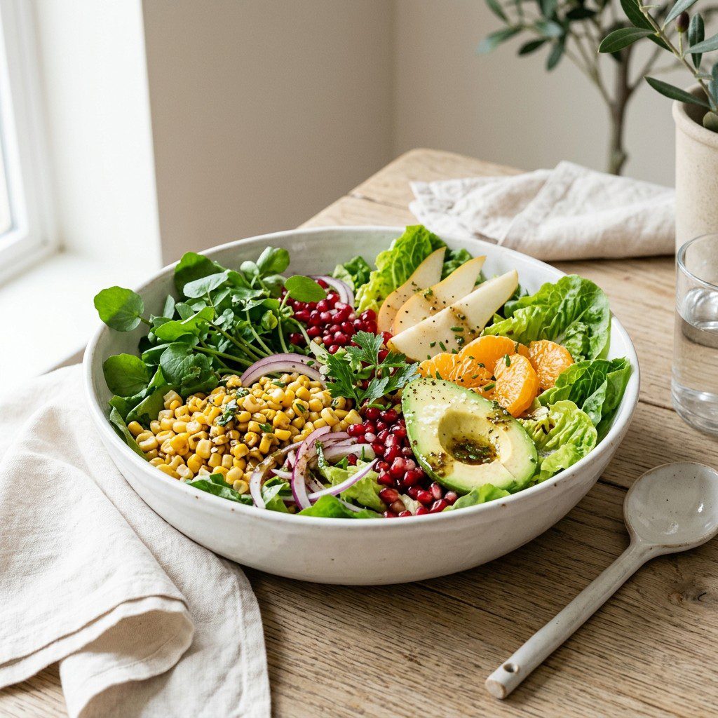 Stunning plated serving of Balsamic Corn & Watercress Salad, a chef-tested recipe by Chef Jorj Morgan.