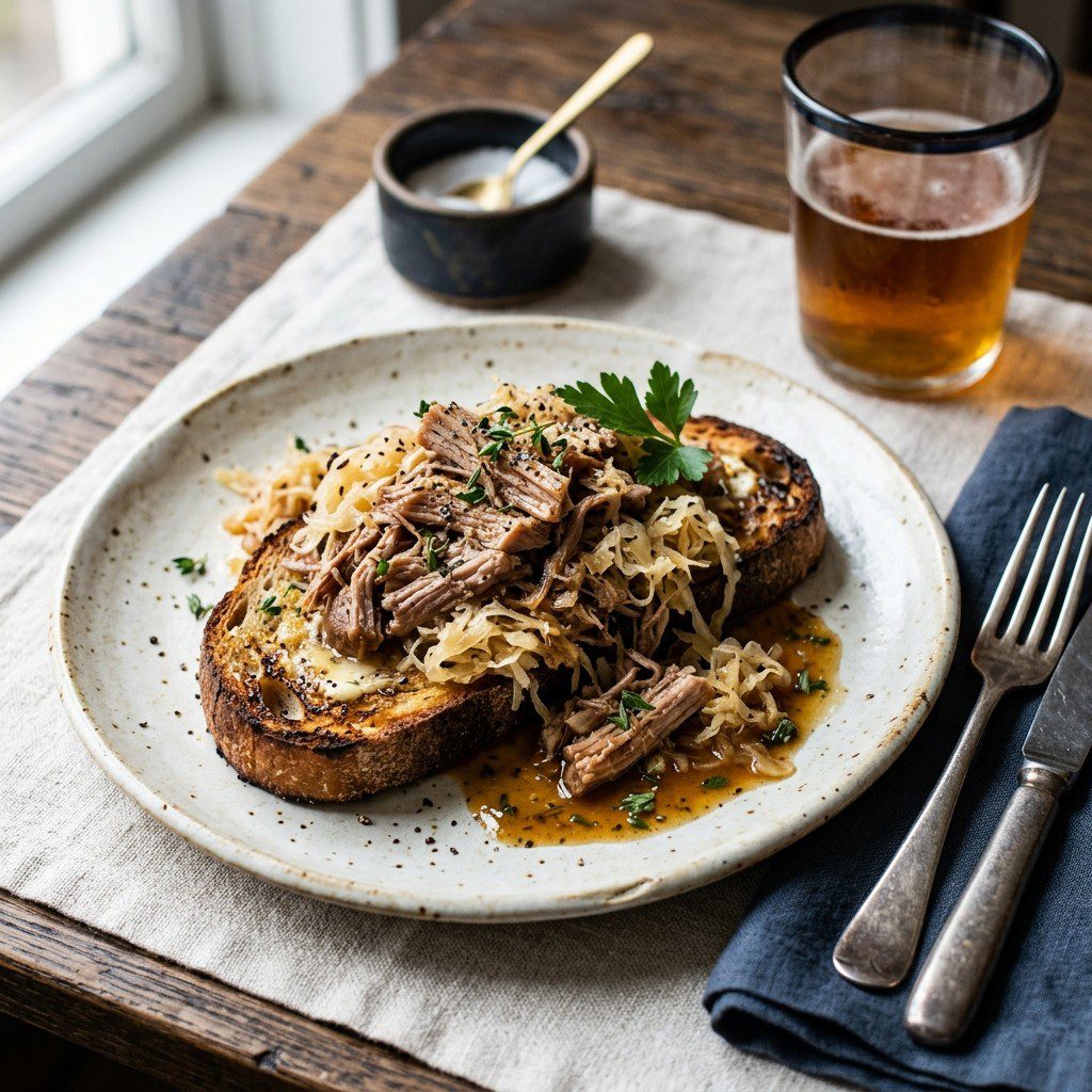Stunning plated serving of Slow-Braised Pork Shoulder & Kraut, a chef-tested recipe by Chef Jorj Morgan.