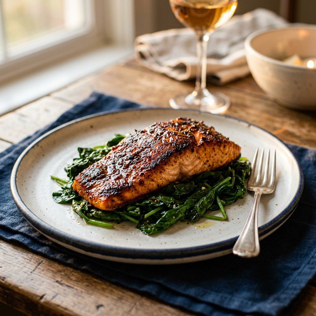 Stunning plated serving of Brown Sugar Glazed Roasted Salmon, a chef-tested recipe by Chef Jorj Morgan.
