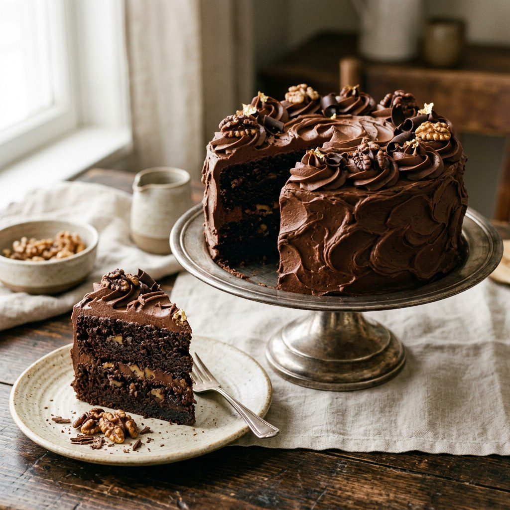 Stunning plated serving of Classic Black Walnut Chocolate Cake, a chef-tested recipe by Chef Jorj Morgan.