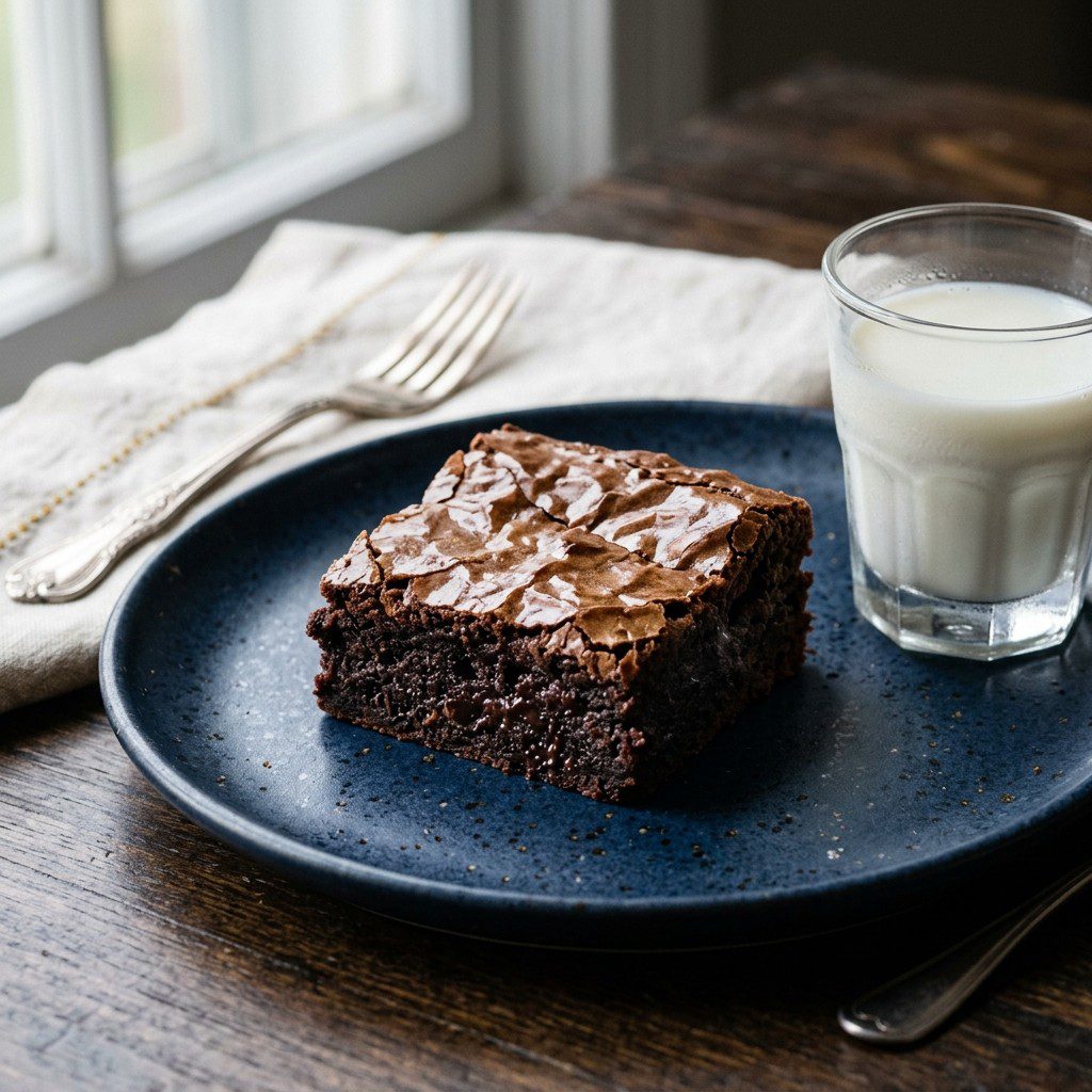Stunning plated serving of Fudgy Crema Dark Chocolate Brownies, a chef-tested recipe by Chef Jorj Morgan.