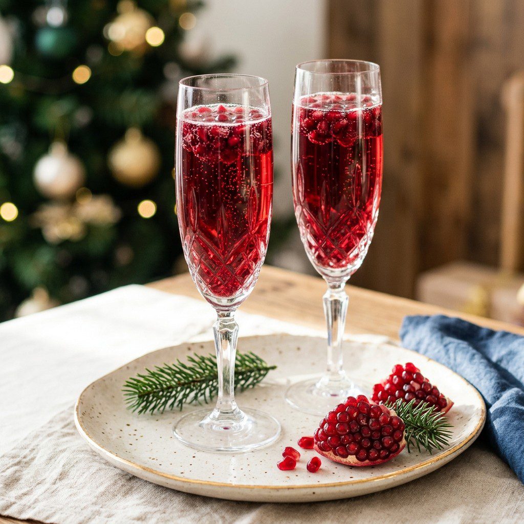 Stunning plated serving of Festive Pomegranate Sparkler, a chef-tested recipe by Chef Jorj Morgan.