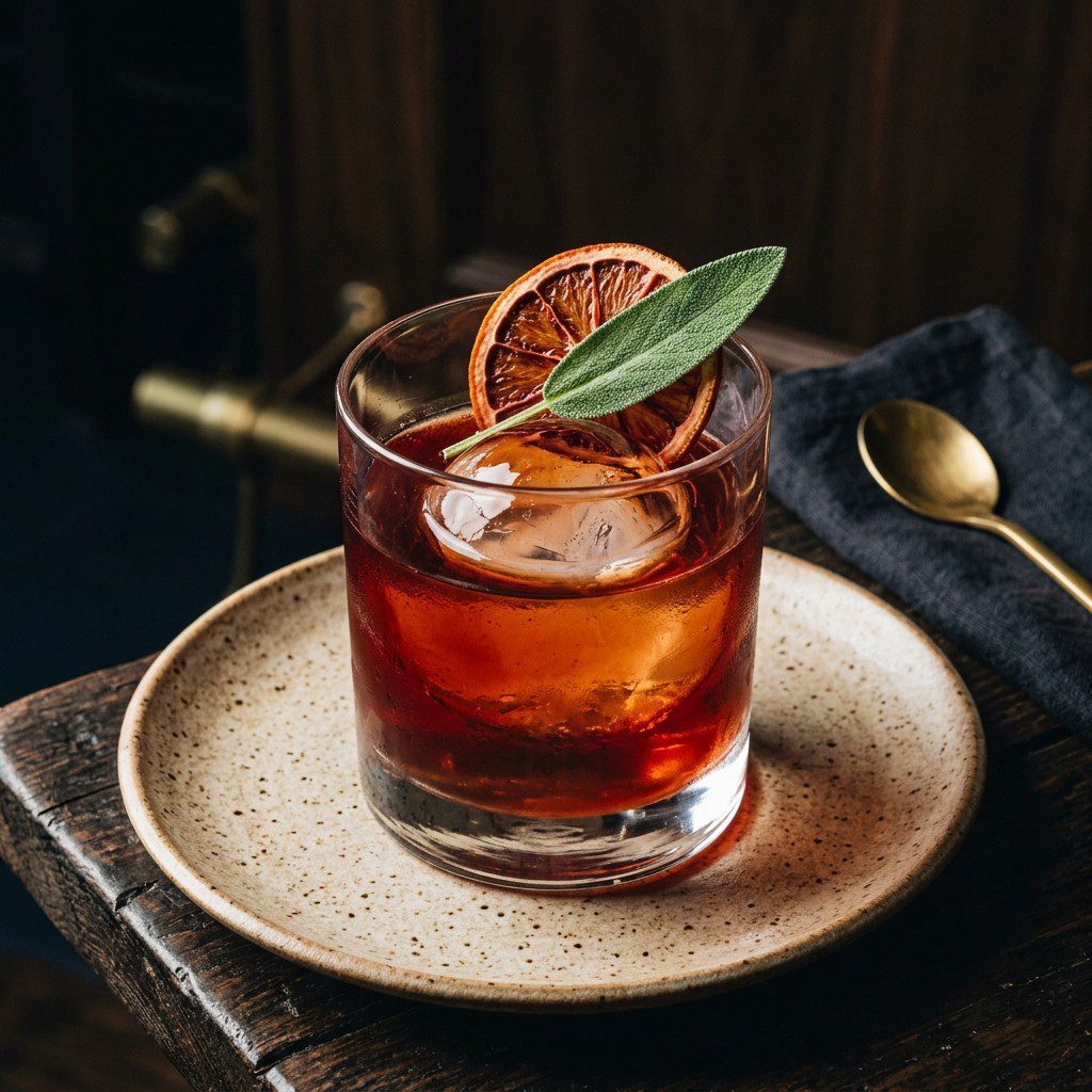 Stunning plated serving of Blood Orange & Sage Old Fashioned, a chef-tested recipe by Chef Jorj Morgan.