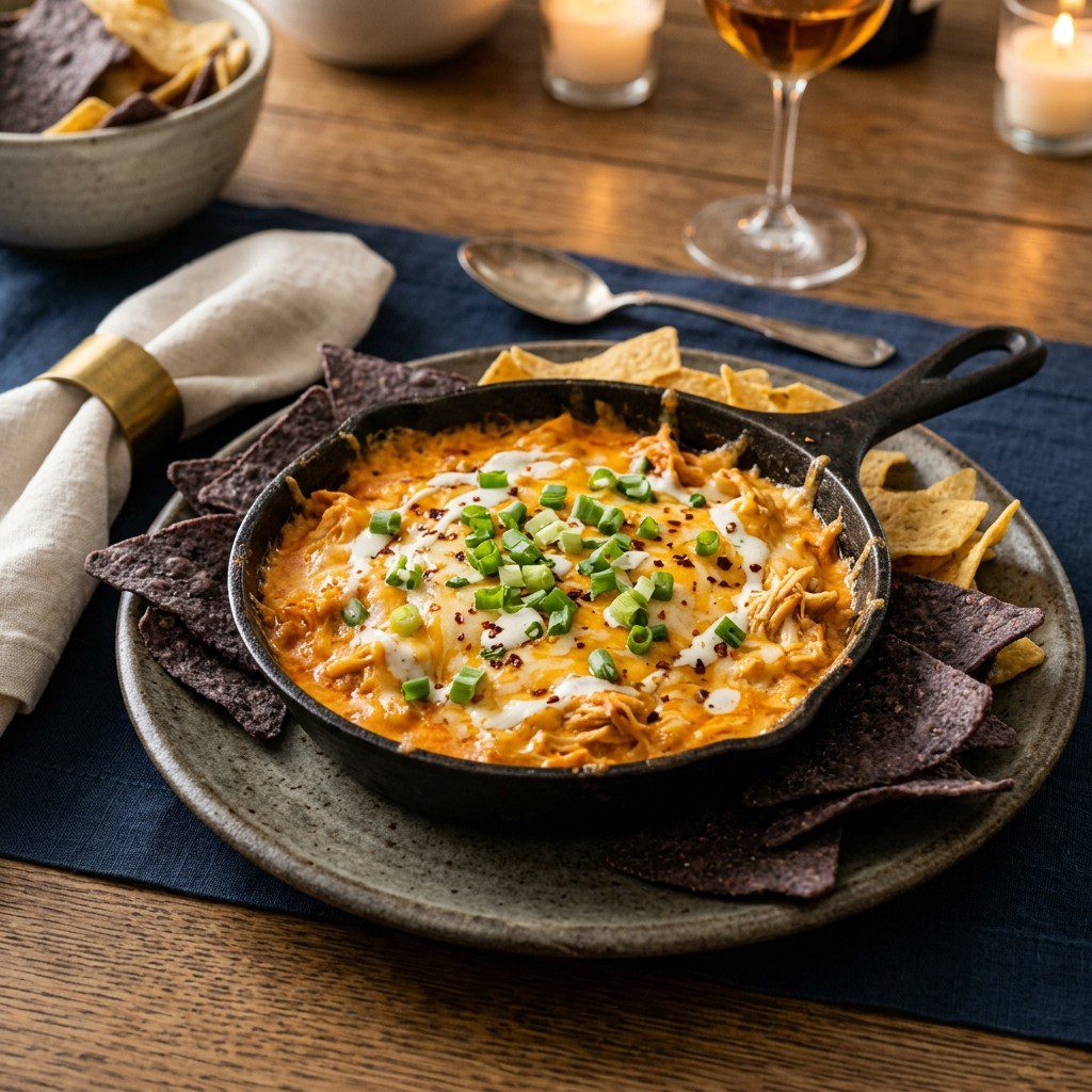 Stunning plated serving of Cast-Iron Buffalo Chicken Dip, a chef-tested recipe by Chef Jorj Morgan.
