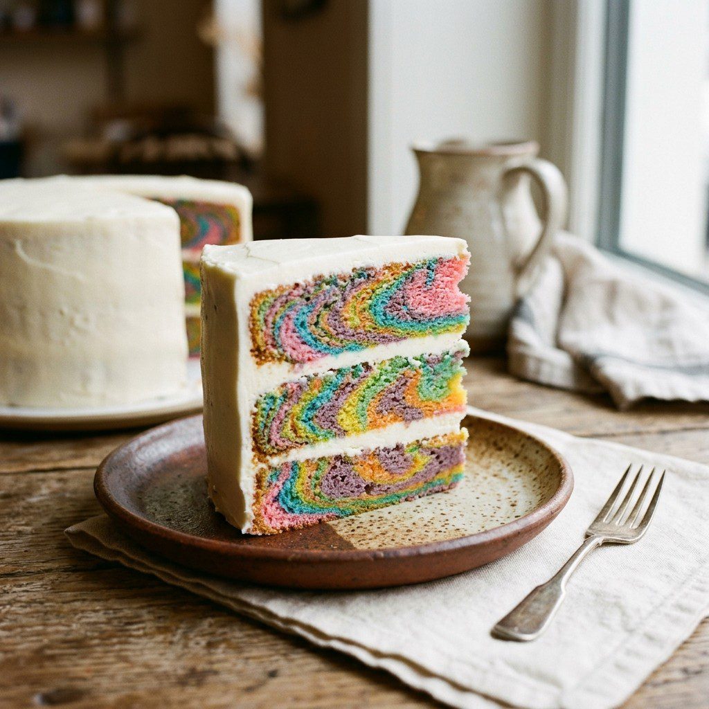 Stunning plated serving of Vibrant Kaleidoscope Layer Cake, a chef-tested recipe by Chef Jorj Morgan.
