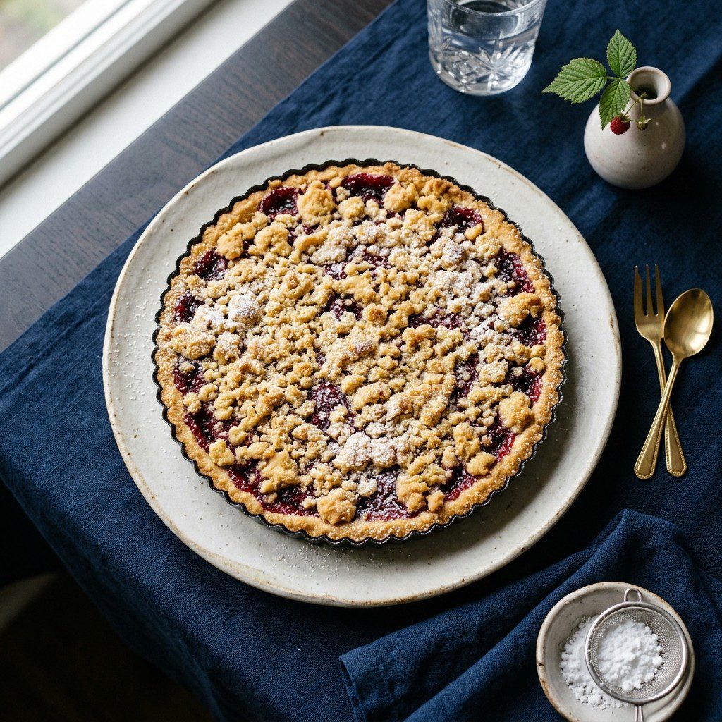 Stunning plated serving of Raspberry Shortbread Tart, a chef-tested recipe by Chef Jorj Morgan.
