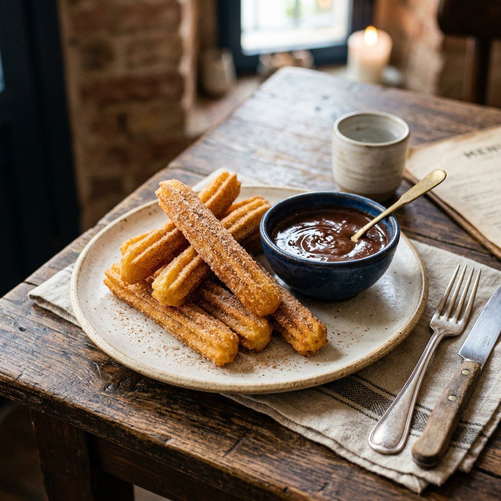 Stunning plated serving of Spanish Churros & Chocolate Sauce, a chef-tested recipe by Chef Jorj Morgan.