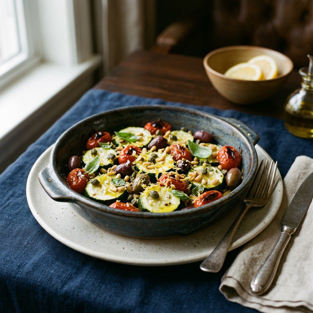 Stunning plated serving of Poached Zucchini & Roasted Tomatoes, a chef-tested recipe by Chef Jorj Morgan.