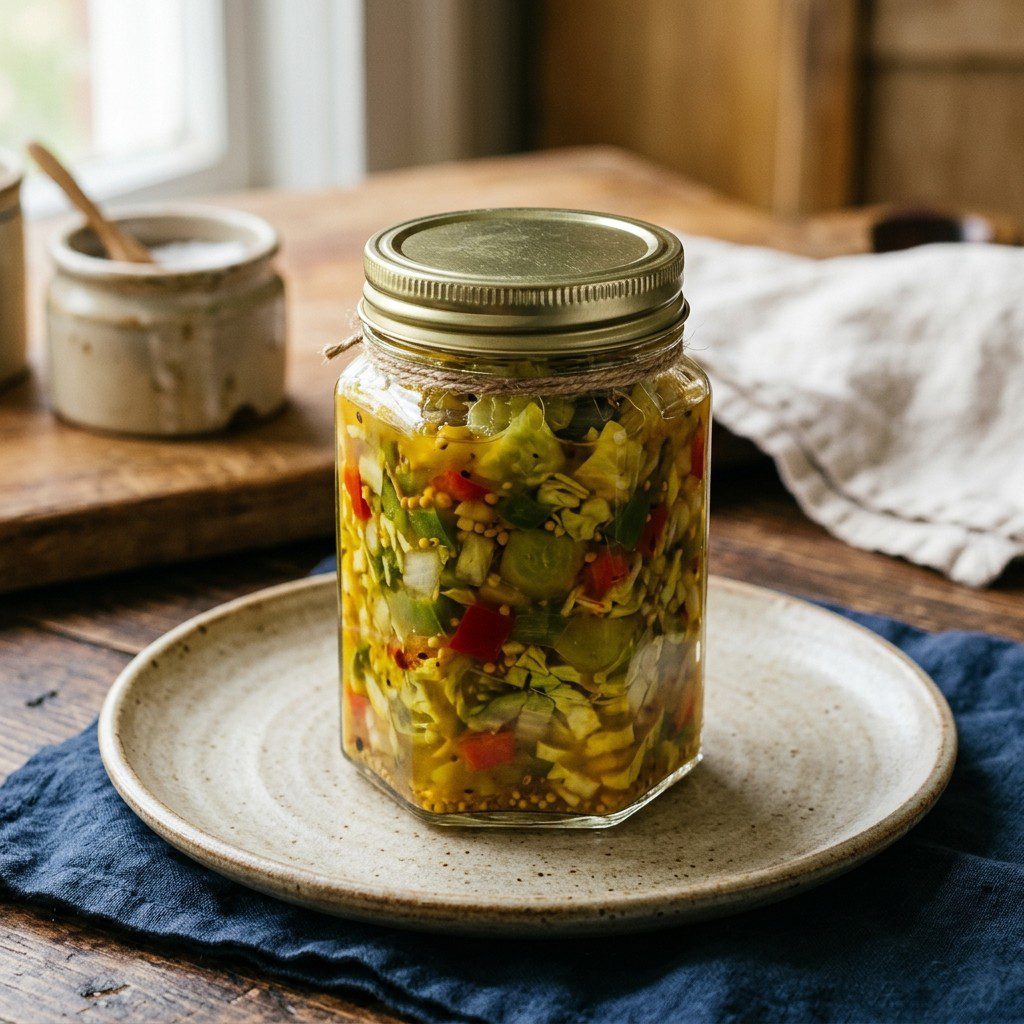 Stunning plated serving of Southern Chow-Chow Relish, a chef-tested recipe by Chef Jorj Morgan.