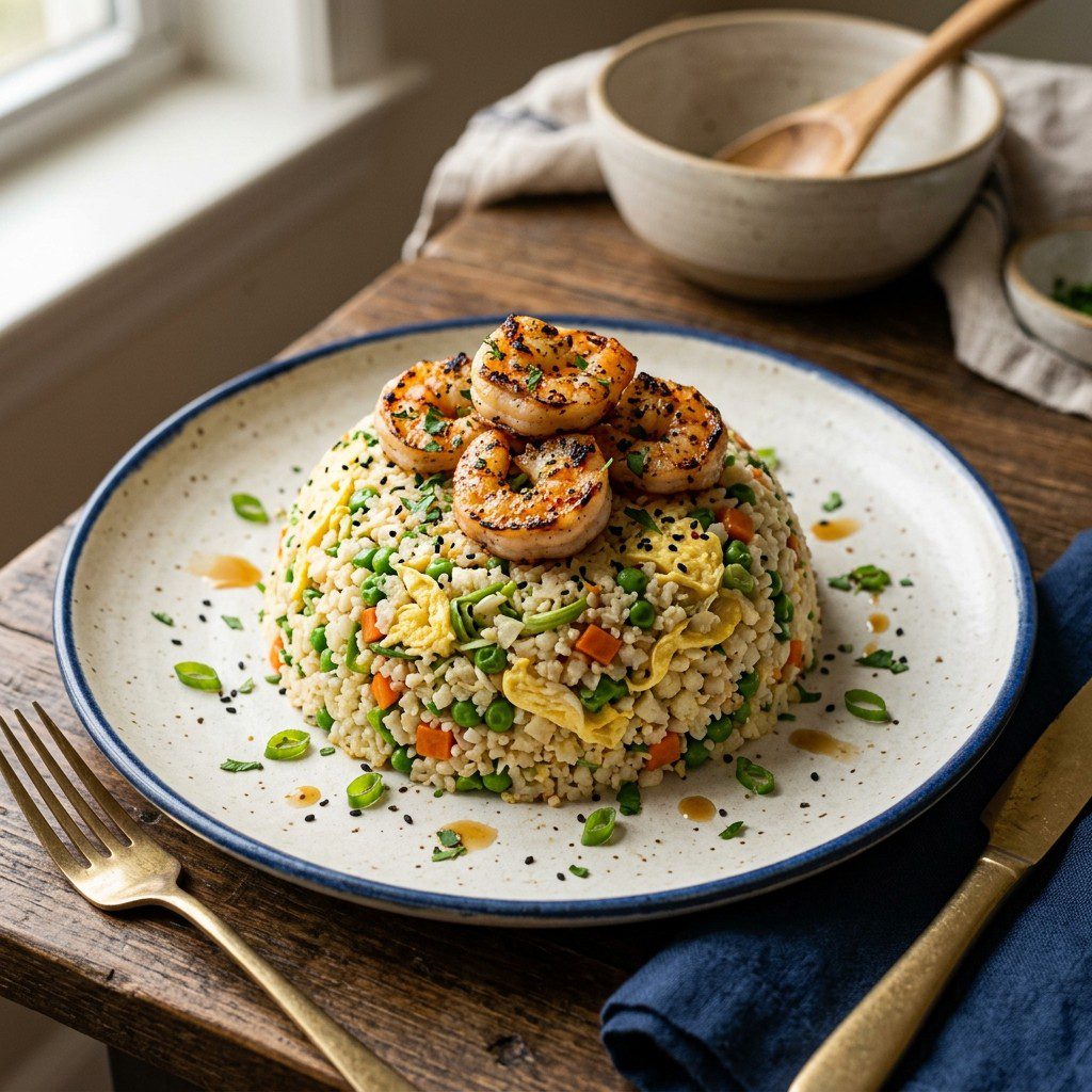 Stunning plated serving of Cauliflower Fried Rice, a chef-tested recipe by Chef Jorj Morgan.