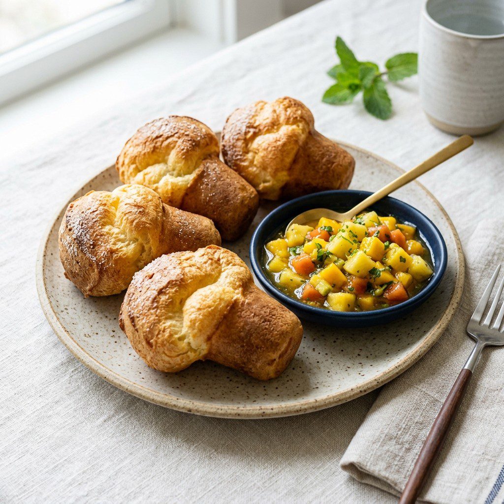 Stunning plated serving of Citrus Popovers & Tropical Chutney, a chef-tested recipe by Chef Jorj Morgan.