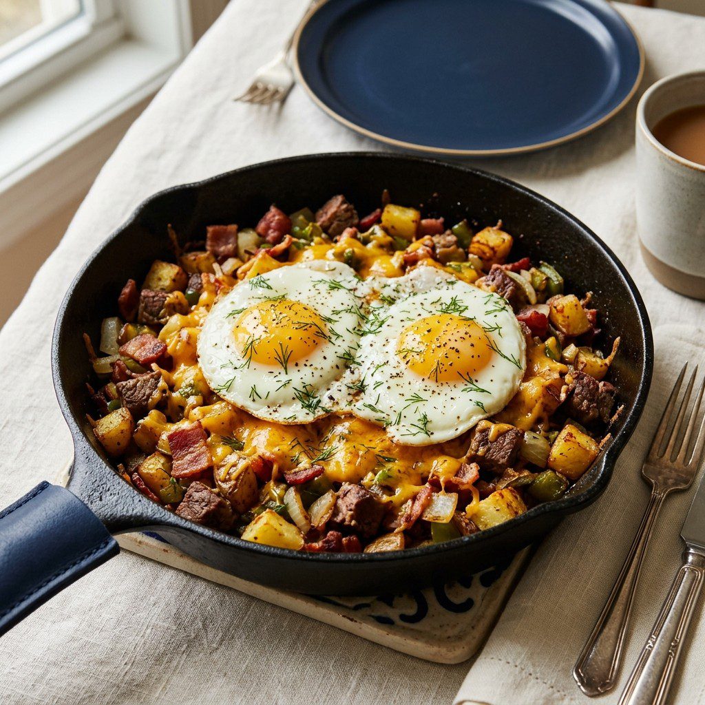 Stunning plated serving of Breakfast Skillet with Glazed Eggs, a chef-tested recipe by Chef Jorj Morgan.