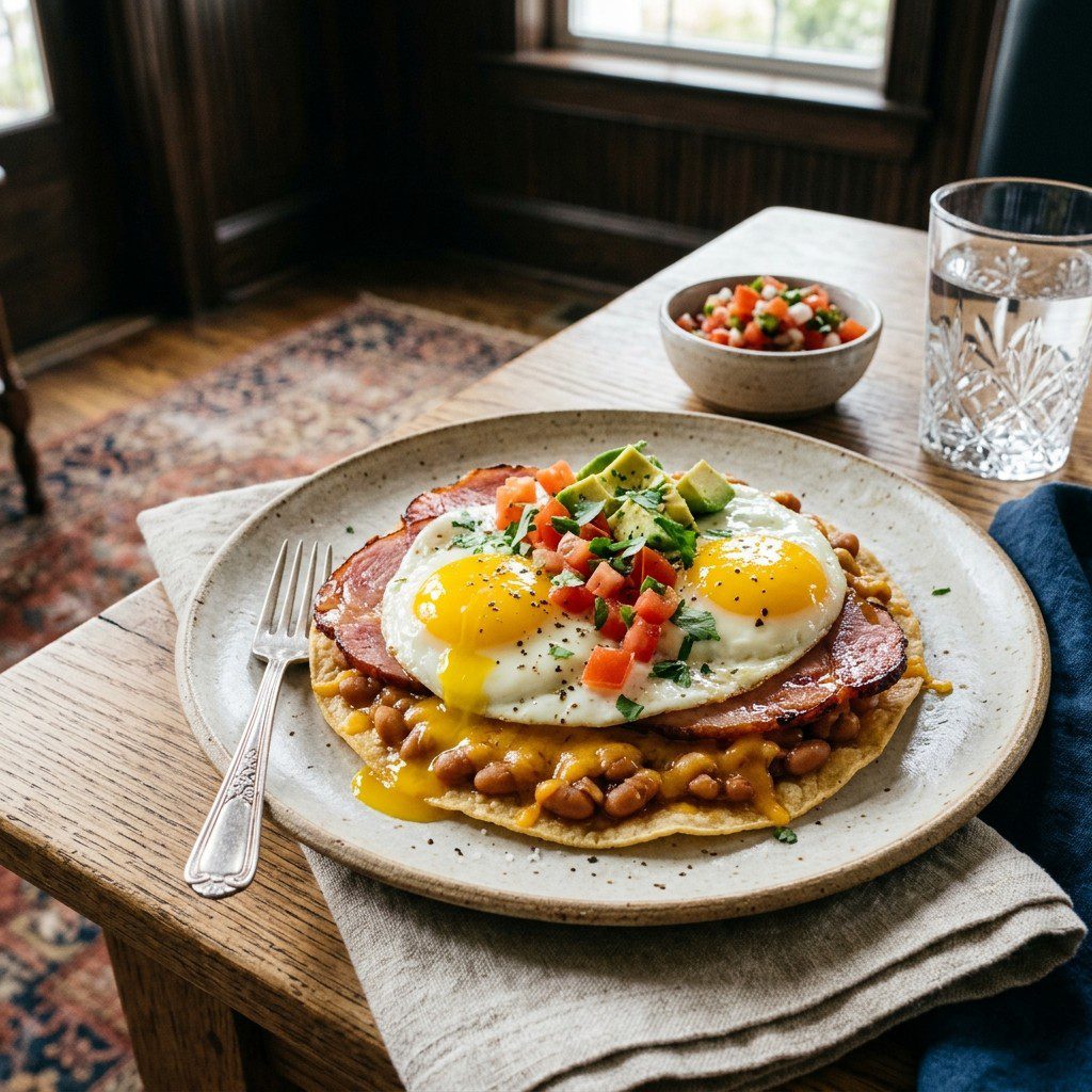 Stunning plated serving of Southern-Style Huevos Rancheros, a chef-tested recipe by Chef Jorj Morgan.