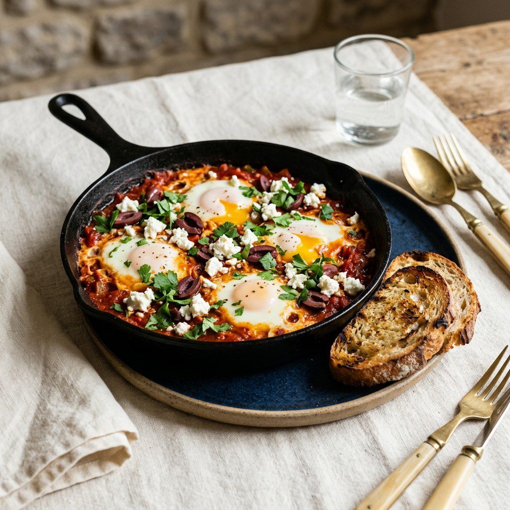 Stunning plated serving of Poached Eggs in Spiced Tomato Sauce with Olives and Feta Cheese, a chef-tested recipe by Chef Jorj Morgan.