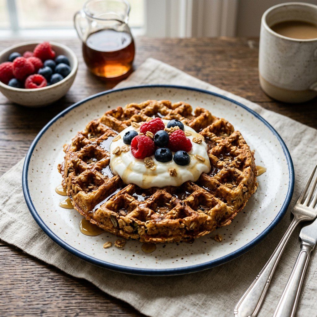 Stunning plated serving of Granola Waffles with Yogurt and Berries, a chef-tested recipe by Chef Jorj Morgan.