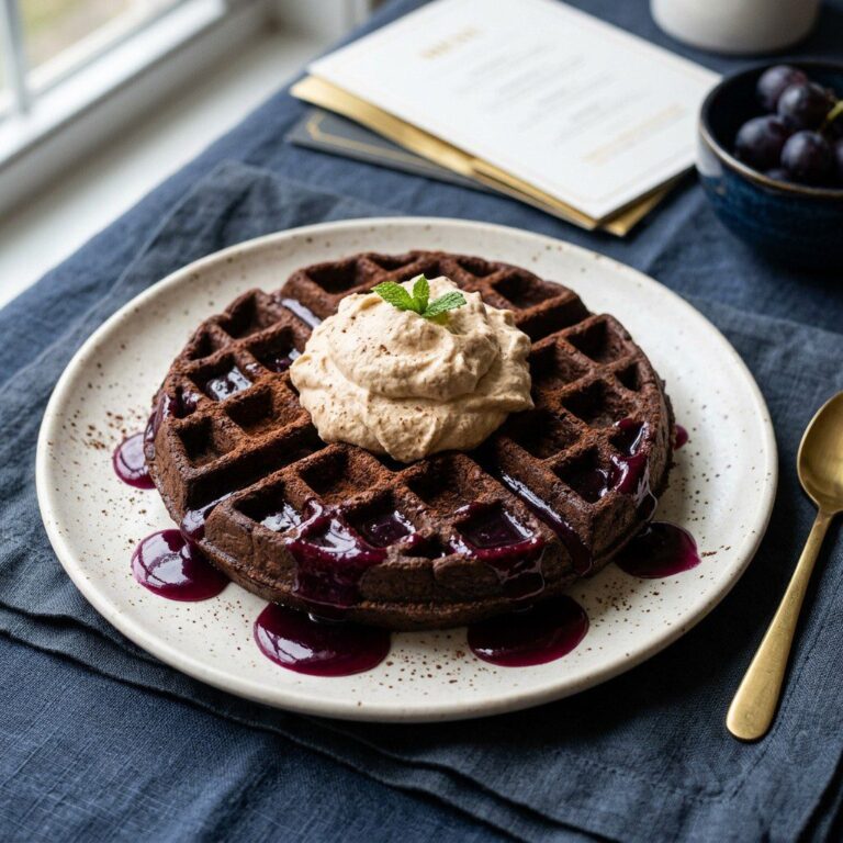 Stunning plated serving of Cocoa Waffles with Peanut Butter Whipped Cream and Grape Jelly Syrup, a chef-tested recipe by Chef Jorj Morgan.