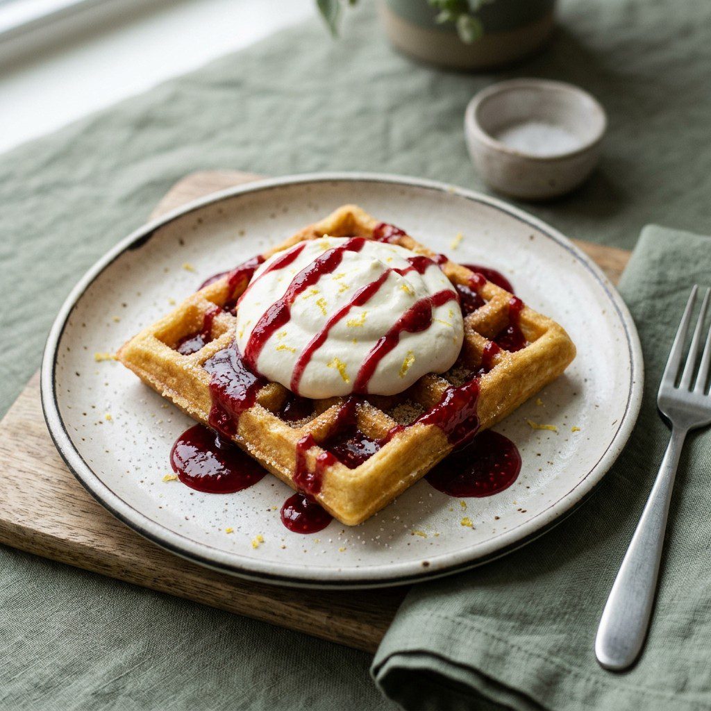 Stunning plated serving of Lemon Sunrise Waffles with Lemon Cream and Raspberry Syrup, a chef-tested recipe by Chef Jorj Morgan.