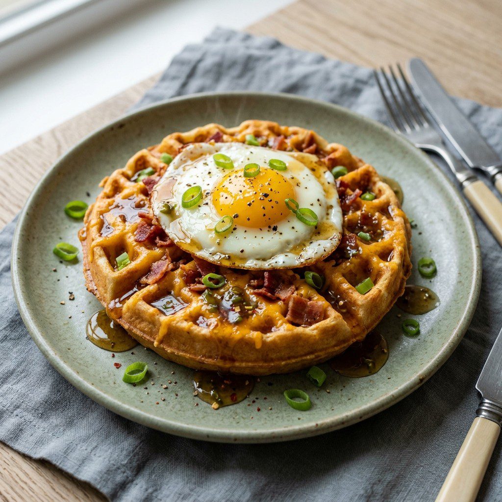 Stunning plated serving of Cheddar, Bacon, and Green Onion Waffles with Jalapeño-Maple Syrup and Glazed Eggs, a chef-tested recipe by Chef Jorj Morgan.