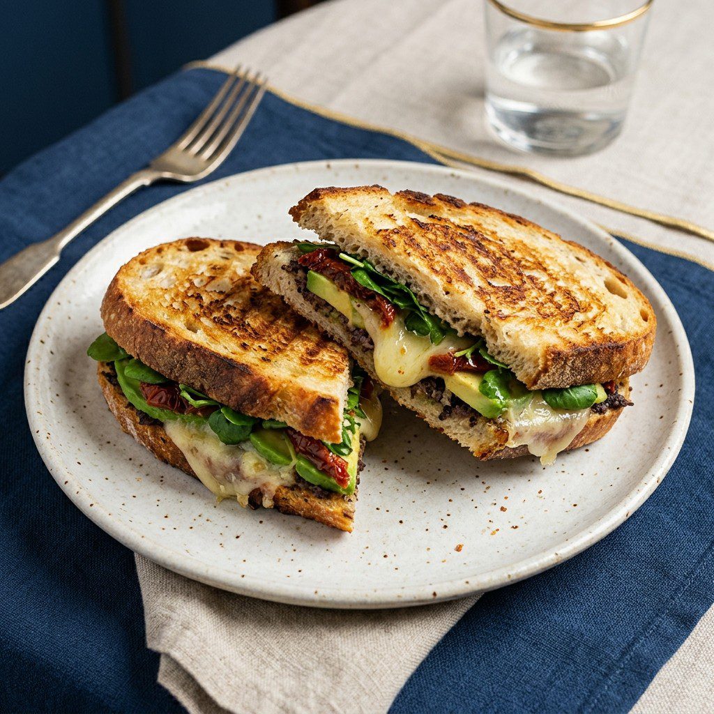 Stunning plated serving of Avocado and Gruyere Panini with Olive Tapenade, a chef-tested recipe by Chef Jorj Morgan.
